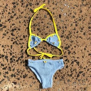 Hunza G Kids Bikini in Light Blue with Yellow Trim